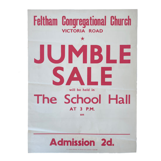 1950’s Original Letterpress Printed Poster – Jumble Sale - RED