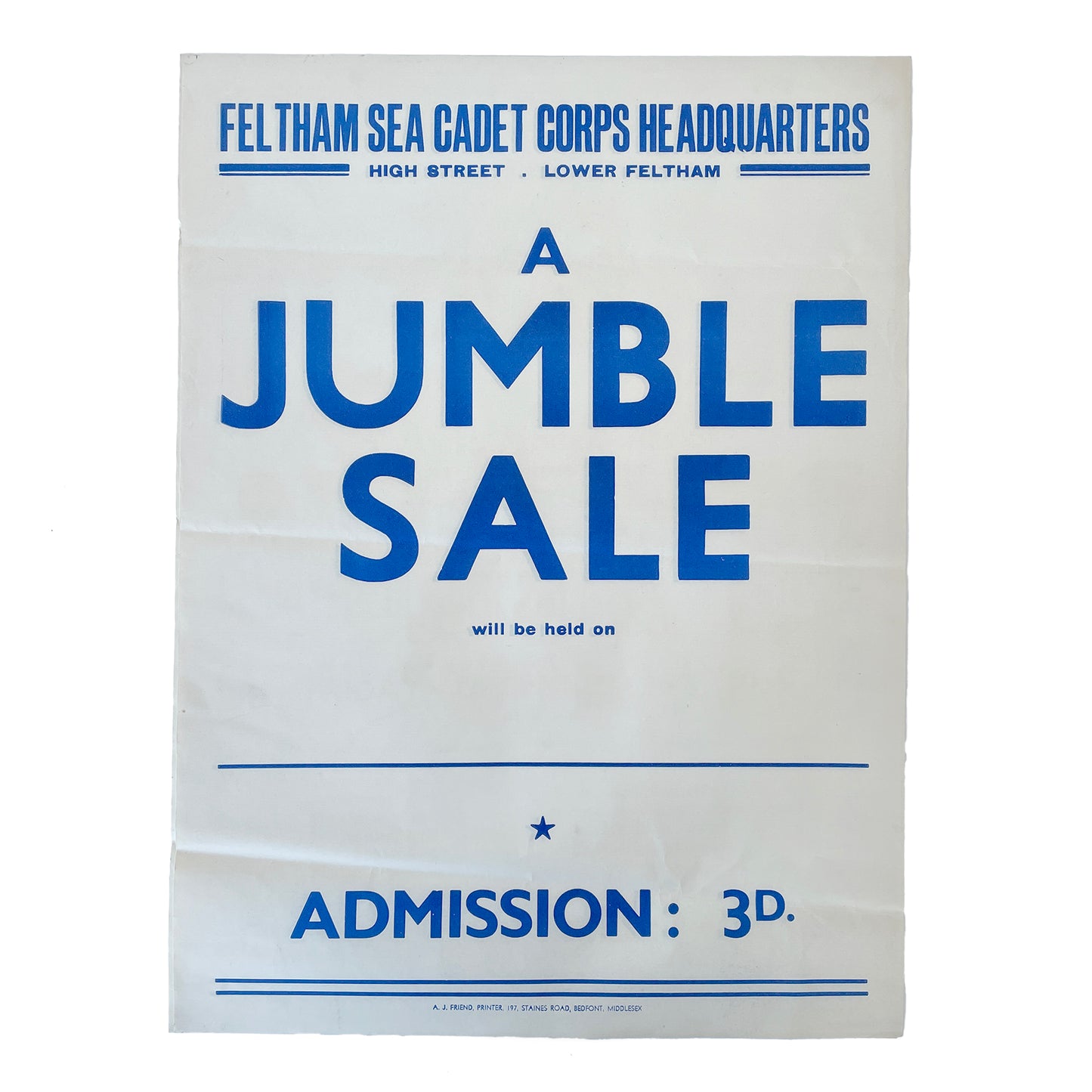 1950’s Original Letterpress Printed Poster – Jumble Sale - Blue