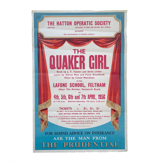 Stunning 1956 Original Letterpress Printed Poster – The Quaker Girl